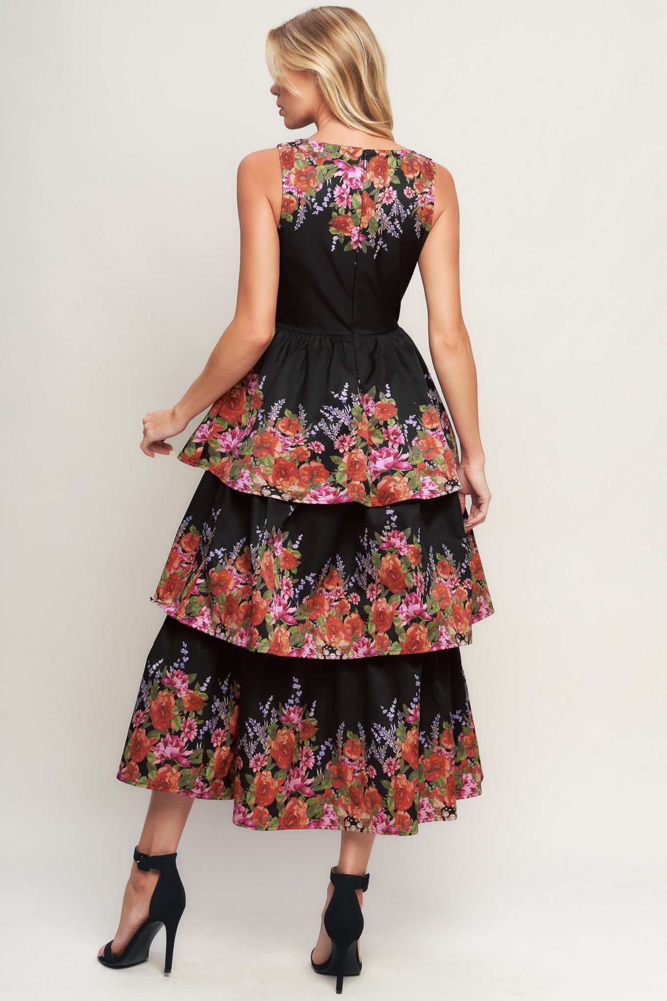 Botanical Ballgown Printed Midi Dress With Layered Skirt Flying Tomato